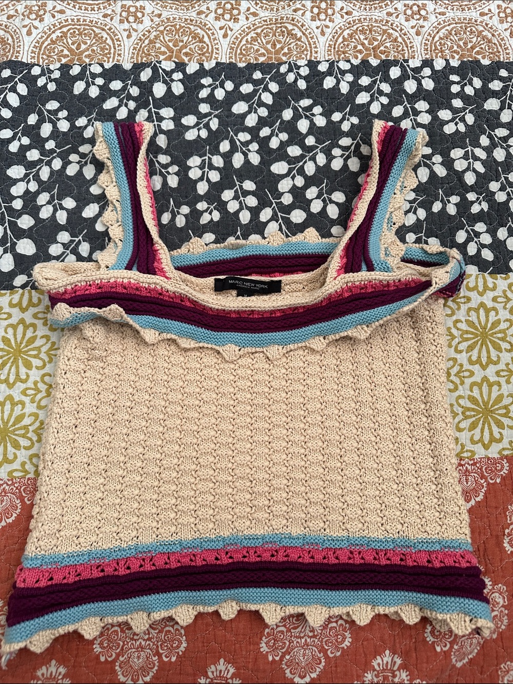Marc New York Cream Crochet Tank with Multicolor Trim